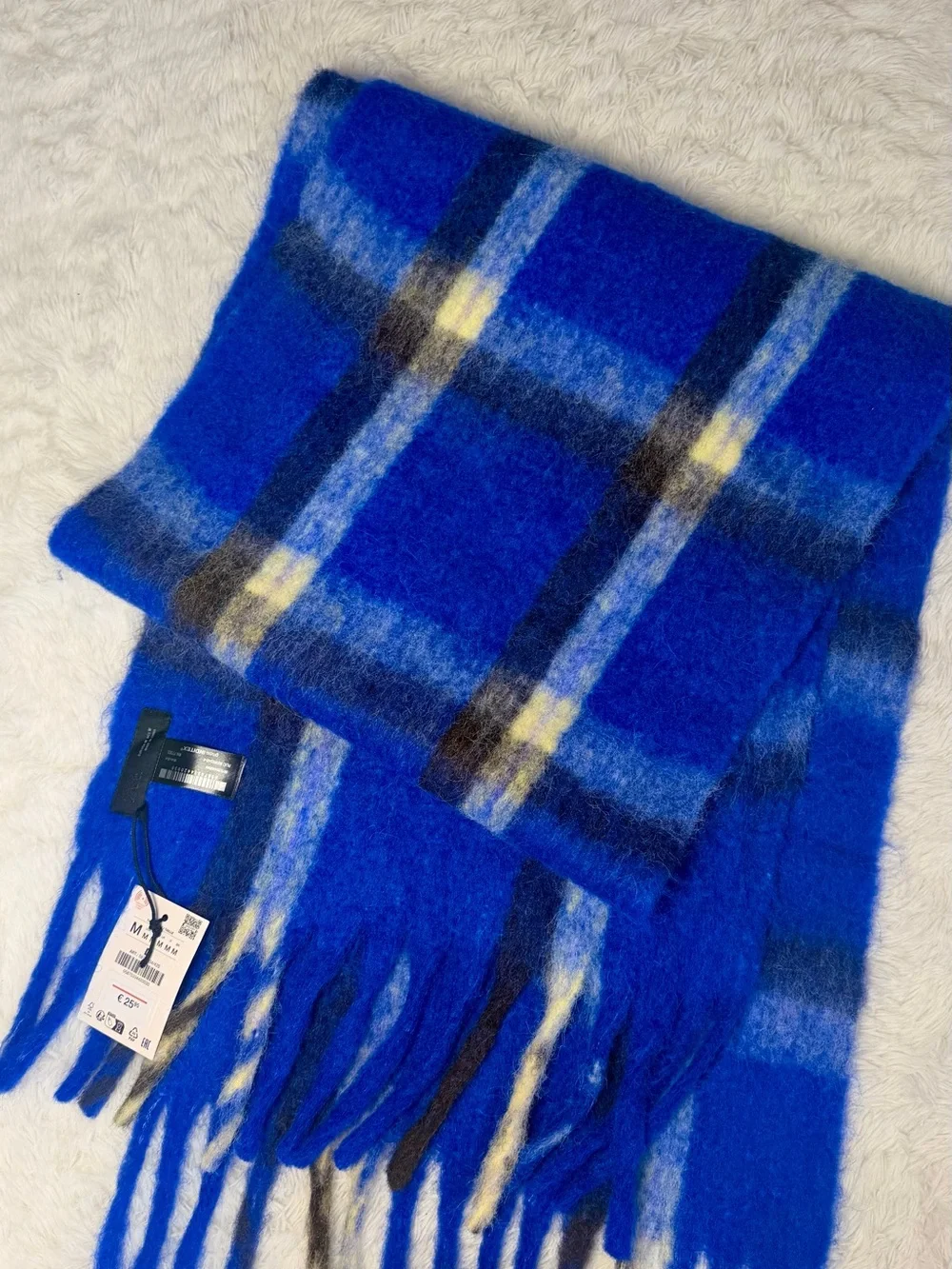 Zara Royal Blue Plaid Fringed Scarf with Cream & Black Stripes